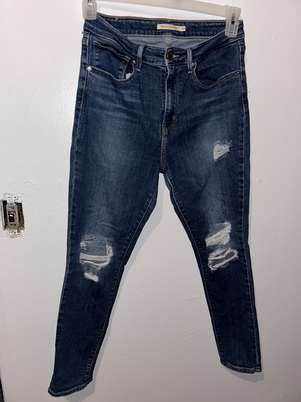 Levi's Dark Blue Distressed 721 High Rise Skinny Jeans